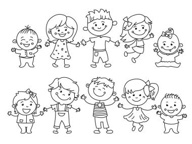 Neşeli çocuk çocuklar öğeleri, çizimler, resimler ile renkli kalemler tarafından boyalı. Kızlar ve erkekler beyaz arka planda doğrusal tasarım vardır. Vektör çizim