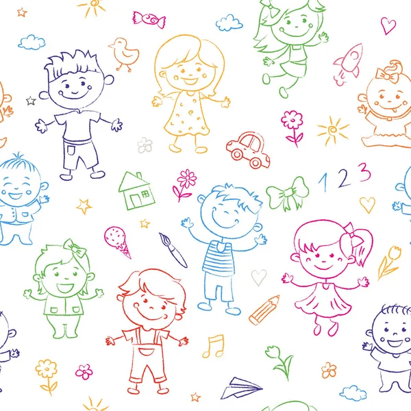 Cheerful children seamless pattern painted by colorful pencils with kids elements, drawings, paintings. Girls and boys are on the white background in the linear design. Vector illustration