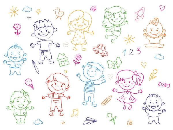 Niños alegres de pie juntos, dibujos, pinturas. Las niñas y los niños están en el fondo blanco en el diseño lineal. Ilustración vectorial — Archivo Imágenes Vectoriales