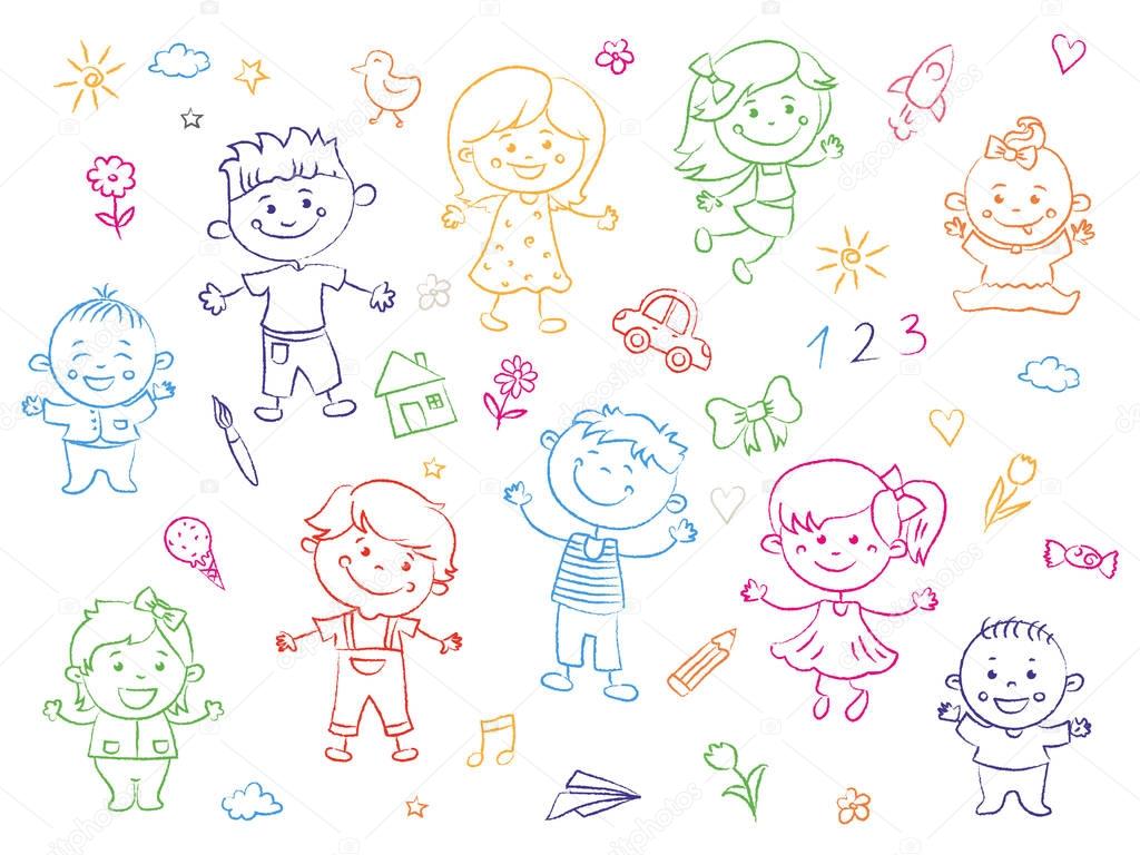 Cheerful children standing together, drawings, paintings. Girls and boys are on the white background in the linear design. Vector illustration