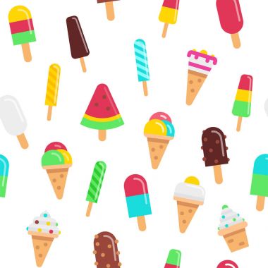 Tatlı dondurma düz renkli seamless modeli, vektör hisse senedi illüstrasyon izole beyaz arka plan üzerinde. Dondurma çeşitleri.