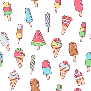 Tatlı dondurma düz renkli seamless modeli, vektör hisse senedi illüstrasyon izole beyaz arka plan üzerinde. Dondurma doğrusal tasarım çeşitleri
