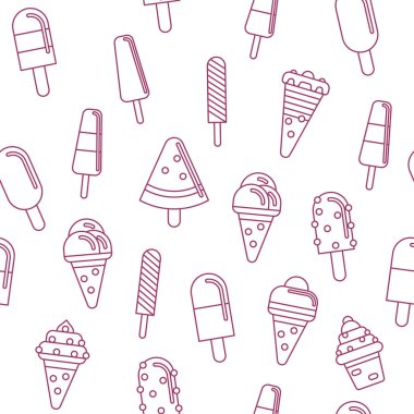 Tatlı doğrusal tasarım seamless modeli, vektör hisse senedi illüstrasyon izole beyaz arka plan üzerinde dondurma. Dondurma çeşitleri