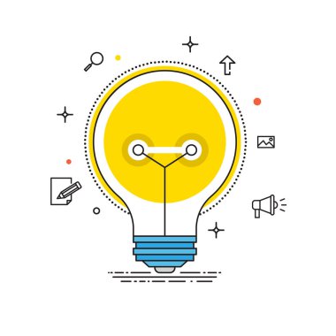 Fikir vektör satırları tasarımı. Ampul vektör düz gösterim amacıyla afiş, katalog, infographics satırları simgeleri ile.