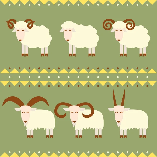 Ziegen und Schafe mit verschiedenen Hörnern Vektor Illustration flache Gestaltung. — Stockvektor