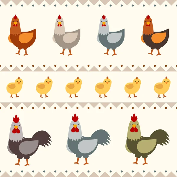 Ilustración de vectores planos de gallina, gallo y pollo. Patrón sin costura — Archivo Imágenes Vectoriales
