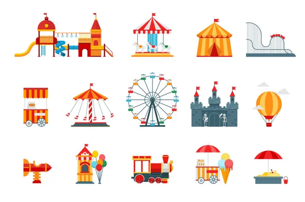 Nöjespark vektor platta element, roliga ikoner, isolerade på vit bakgrund med pariserhjul, slott, sevärdheter, cirkus, luftballong, gungor, karusell. Arkitektur Entertainment Elements vektor — Stock vektor