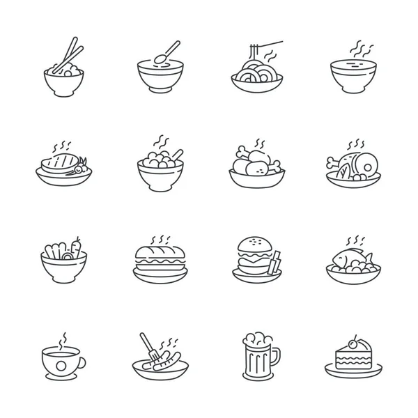 Voedsel gerechten pictogram instellen geïsoleerd op witte achtergrond, Vector maaltijd pictogrammen overzicht stijl — Stockvector
