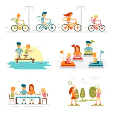 Aile karikatür kutlamalar tatil ve faaliyetleri ile ayarla. Mutlu yaşam tarzı açık havada birlikte vektör illüstrasyon izole. Aile binicilik bisiklet. Baba ve oğul - hisse senedi vektör