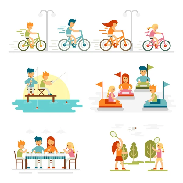 Dibujos animados familiares con fiestas y actividades. Estilo de vida feliz al aire libre juntos ilustración vectorial aislado. Bicicletas familiares. Padre e hijo - vector de stock — Vector de stock