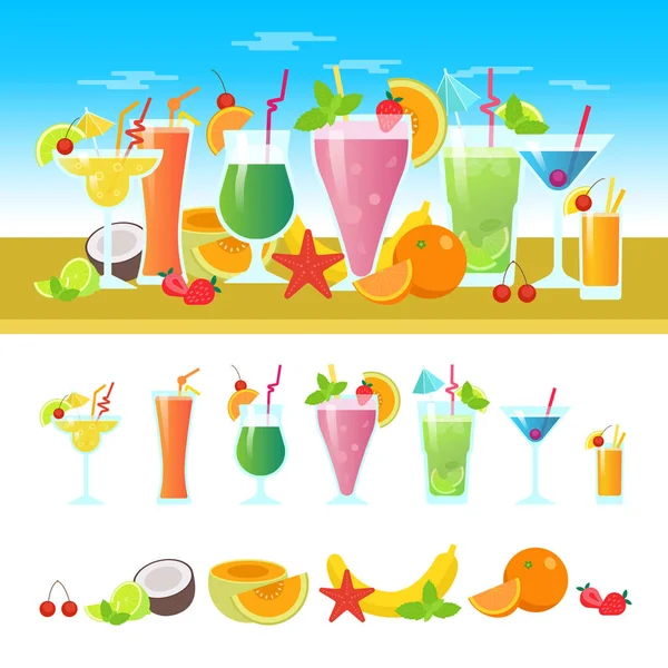 Sada různých koktejlů na stůl s ovocem. Letní koktejly vektor barevný nápis. Alkoholické i nealkoholické koktejly, bar plochá vektorové ilustrace — Stockový vektor