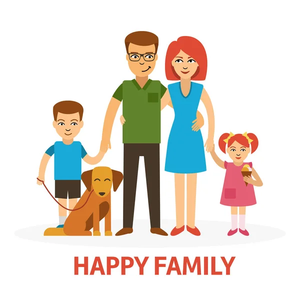 Ilustración de vectores planos de familia feliz con madre, padre, hija, hijo y perro en estilo plano aislado sobre fondo blanco — Archivo Imágenes Vectoriales