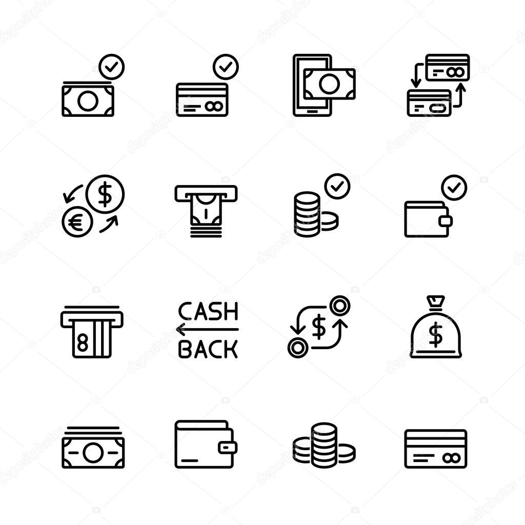 Simple set of money and financial Vector Line Icons. Contains such Icons as Wallet, ATM, Bundle of Money, Coins, Confirming payment, Sack and more. 48x48 Pixel Perfect.