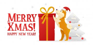 Neşeli Noel ve mutlu yeni yıl kartpostal şablonu ile Noel ağacı beyaz arka plan üzerinde yakınındaki büyük kırmızı hediye ile sevimli sarı köpek. Köpek çizgi film karakteri vektör çizim.