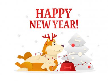 Beyaz arka plan üzerinde Noel ağacı yakınındaki yalan sevimli sarı köpek mutlu yeni yıl 2018 kartpostal şablonu. Köpek çizgi film karakteri vektör çizim.