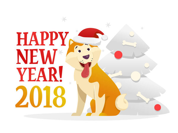 Happy New Year 2018 postcard template with the cute yellow dog sitting near the Christmas tree on white background. The dog cartoon character vector illustration.