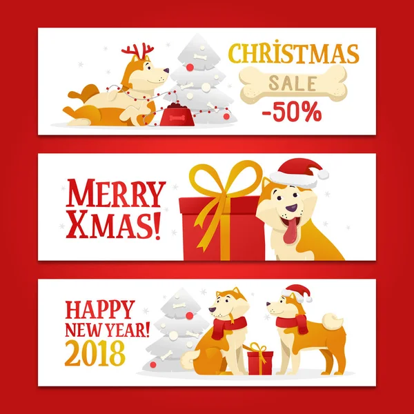 Три 2018 нового року і Різдва горизонтальні банери з символом жовтий собаки та подарунки на білому тлі. Милий пес герої мультфільмів встановити Векторні ілюстрації. — стоковий вектор
