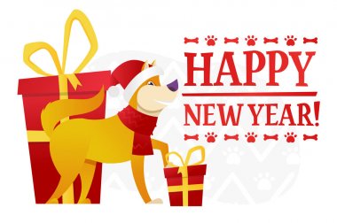 Sevimli sarı köpek beyaz zemin üzerine kırmızı hediye ile mutlu yeni yıl Kartpostalı şablonu. Köpek çizgi film karakteri vektör düz çizim.