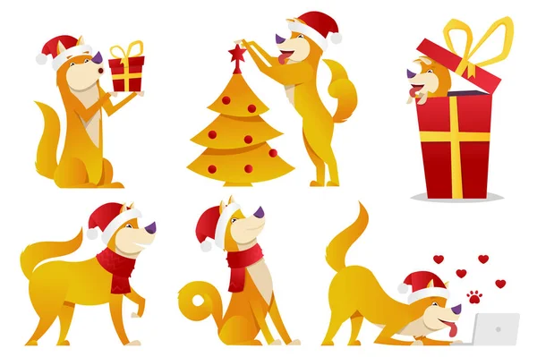 クリスマス犬漫画文字ベクトル イラストです。さまざまなポーズで黄色犬ベクトル、フラットなデザインです。クリスマス ツリーと白い背景で隔離の大きな赤い贈り物を持つ犬のお正月セット. — ストックベクタ