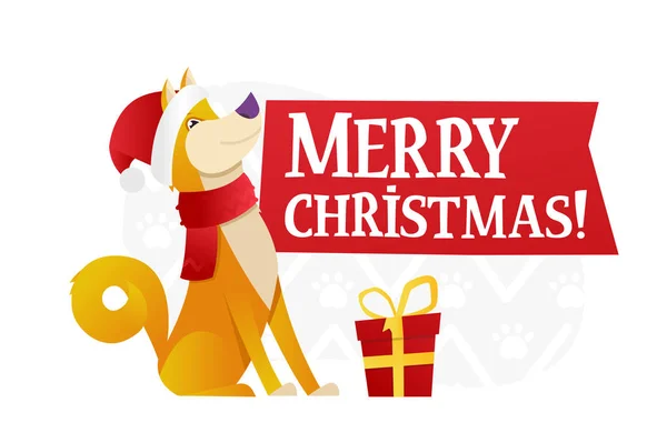 Frohe Weihnachten Postkartenvorlage mit dem niedlichen gelben Hund mit dem roten Geschenk auf weißem Hintergrund. der Hund Cartoon Charakter Vektor flache Illustration. — Stockvektor