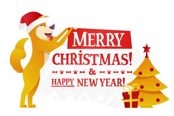 Merry Christmas and Happy New Year postcard template with the cute yellow dog with the red gift and Christmas tree on white background. The dog cartoon character vector flat illustration. — Stock Vector