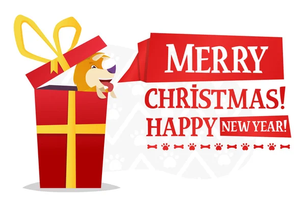메리 크리스마스와 행복 한 새 해 엽서 템플릿 흰색 바탕에 큰 빨간 선물 안에 귀여운 노란 강아지와. 개 만화 문자 벡터 평면 그림. — 스톡 벡터