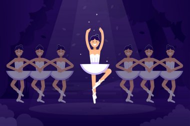 Ballet vector flat illustration, ballerinas in dancing on the stage with light on the dark background. Ballet prima ballerina performance. Ballet flat design banner stock illustration clipart