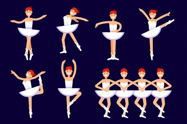 Beyaz arka plan üzerinde izole dans farklı pozlar balerin. Bale vektör düz çizim. Bale dansçısı, Prenses, balerin kız vektör hisse senedi çizim. Kuğu Gölü illüstrasyon — Stok Vektör