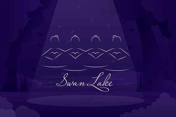 Swan lake vectorillustratie met ballerina's silhouetten op de achtergrond donker podium. Ballet vector banner. — Stockvector