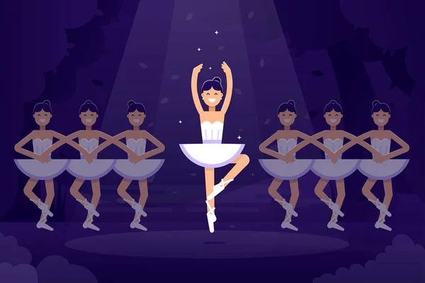 Ilustración plana vectorial de ballet, bailarinas bailando en el escenario con luz sobre el fondo oscuro. Actuación de bailarina prima de ballet. Ballet diseño plano banner stock ilustración — Archivo Imágenes Vectoriales