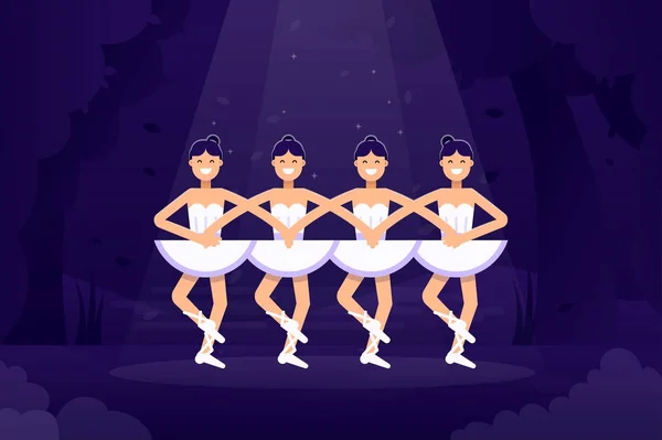 Ilustración plana vectorial de ballet, bailarinas bailando en el escenario con luz sobre el fondo oscuro. Ballet diseño plano banner stock ilustración — Archivo Imágenes Vectoriales