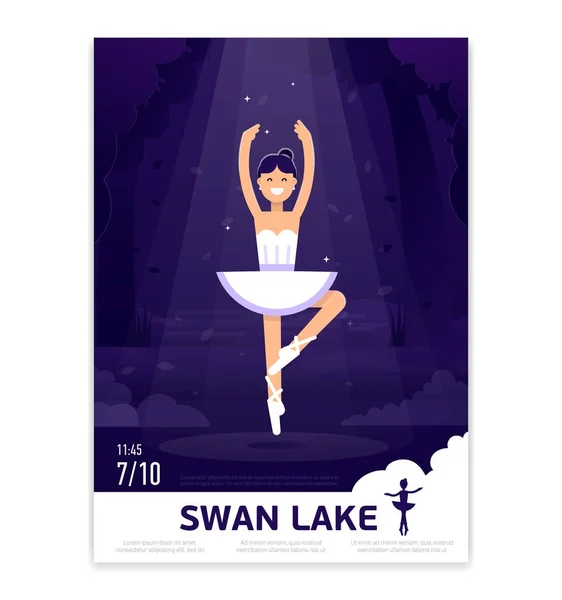 Ballerina in dancing on the stage with light on the dark violet background. Ballet poster design. Ballet prima ballerina performance. Ballerina vector flat banner stock illustration — Stock Vector