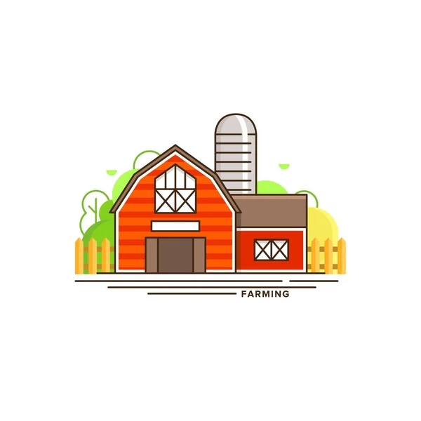 Red granja edificio vector ilustración plana aislada sobre fondo blanco. Icono de la agricultura ecológica, concepto de vector plano logotipo con una ilustración de estilo lineal de la casa y el paisaje — Vector de stock