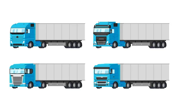 Vier verschiedene blaue LKWs für Liefergüter Vektor flache Bauweise isoliert auf weißem Hintergrund. Lieferung, Fracht-Infografik Elemente. — Stockvektor