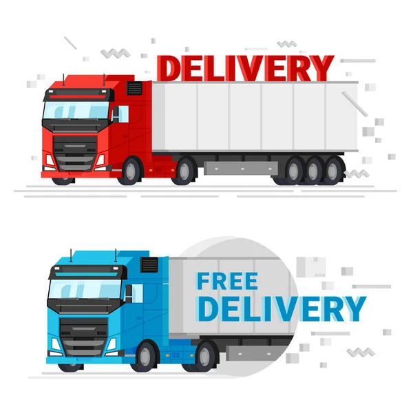 Two delivery trucks flat design vector illustration. Fast free delivery service concept banners for web graphic. Truck car isolated on white background. — Stock Vector