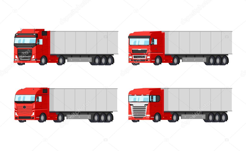 Four different red trucks for delivery goods vector flat design isolated on white background. Delivery, cargo infographic elements.