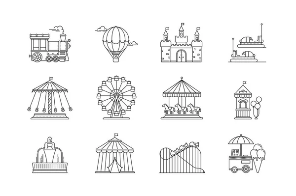 Uppsättning av linjär park ikoner vektor platta element. Nöjesparken objekt isolerad på vit bakgrund. Park med pariserhjul, cirkus, karusell, sevärdheter. — Stock vektor