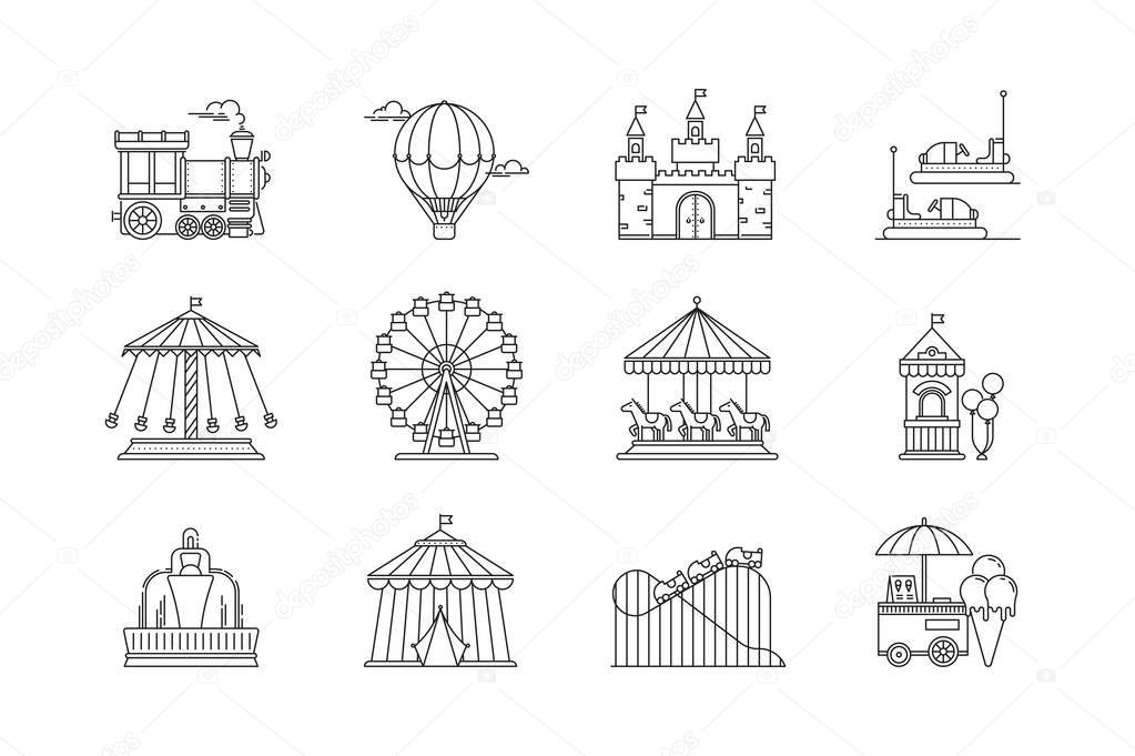 Set of linear park icons vector flat elements. Amusement park objects isolated on white background. Park with ferris wheel, circus, carousel, attractions.