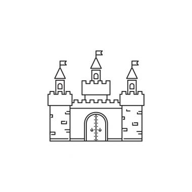 Beyaz arka plan üzerinde izole Castle simge Vektör Lineer tasarım. Park logo şablonu, eğlence parkı, çizgi simge nesnesi için öğe