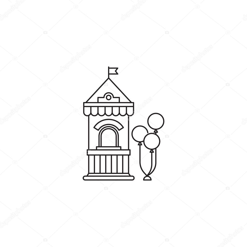 Ticket booth with balloons icon vector linear design isolated on white background. Park logo template, element for amusement park, line icon object.