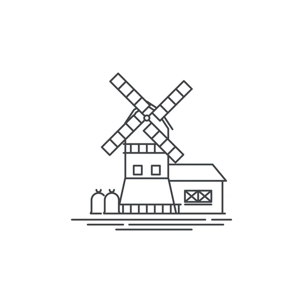 Значок ветряной мельницы. Контурная иллюстрация линейного дизайна коровника на белом фоне. Шаблон логотипа фермы, элемент для фермерского дизайна, объект иконки линии . — стоковый вектор