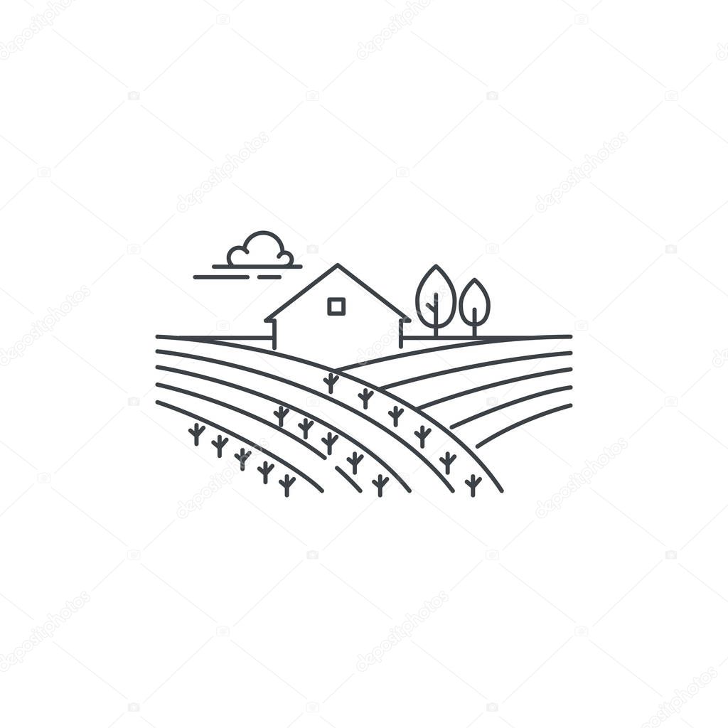 Farmhouse on the field line icon. Outline illustration of landscape, vector linear design isolated on white background. Farm logo template, element for agriculture business, line icon object.