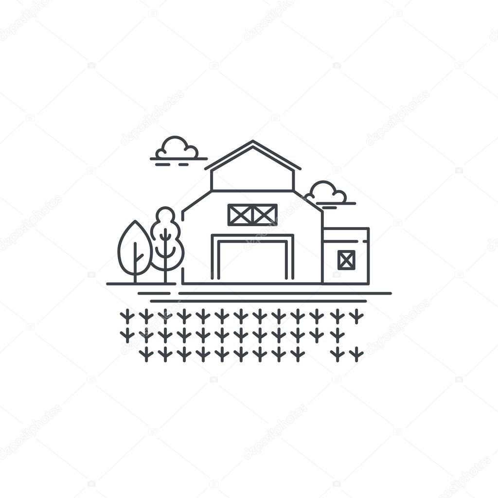 Farm barn line icon with germinating field Outline illustration of sprouts on the field vector linear design isolated. Farm logo template, element for farming design, line icon object.