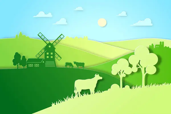 Campos de design de papel e ilustração do prado conceito de agricultura eco-natural. Ilustração plana do vetor da paisagem da fazenda para o pacote do produto eco. Agricultura ecológica verde . — Vetor de Stock