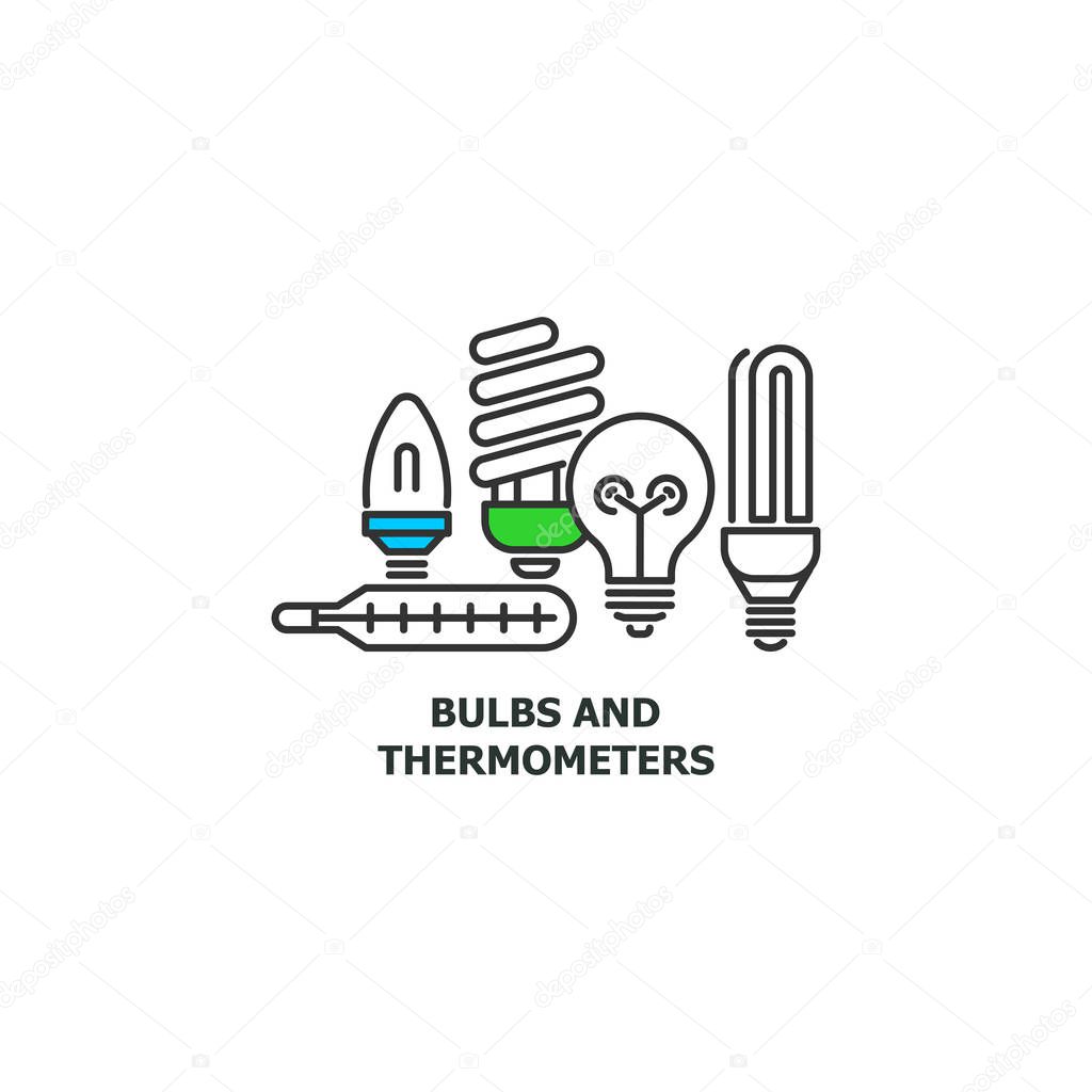 Old bulbs and thermometers recycle concept icon in line design, vector flat illustration isolated on white background.