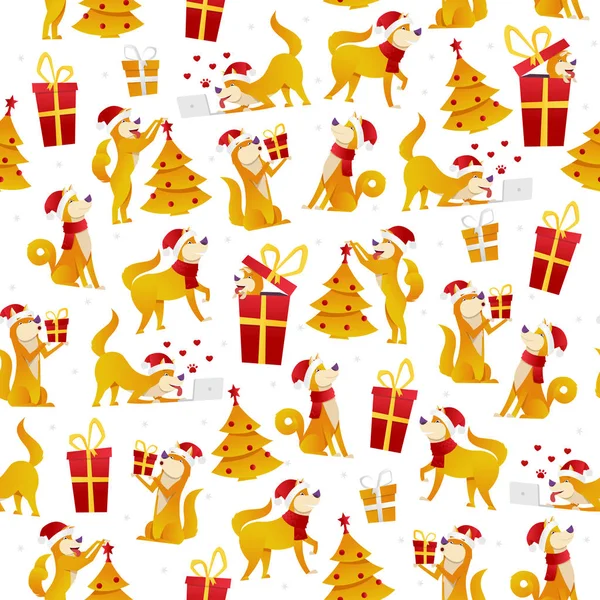 Christmas pattern with dogs and gifts. New Year 2018 seamless pattern with yellow dog symbol of Chinese New Year vector stock illustration, flat design. — Stock Vector