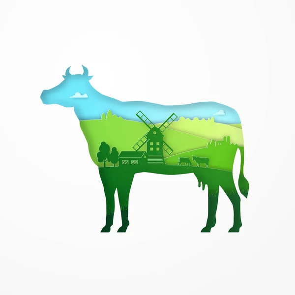 Papierdesign von Öko-Bauernhof-Kuh für Kartonverpackung. Papierkunst aus grünen Wiesen und Ackerland in der Silhouette einer Kuh. geschnitzte Vektor flache Abbildung für Ökoprodukt, Aktienvektor — Stockvektor