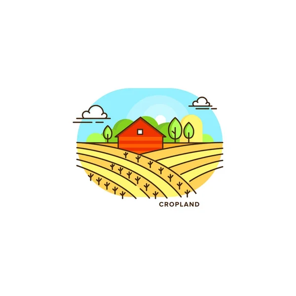 Alan vektör düz illüstrasyon izole beyaz zemin üzerine kırmızı çiftlik evinde. Eko tarım simgesi, logo düz vektör kavramı bir çiftlik ve yatay doğrusal stili çizim ile — Stok Vektör