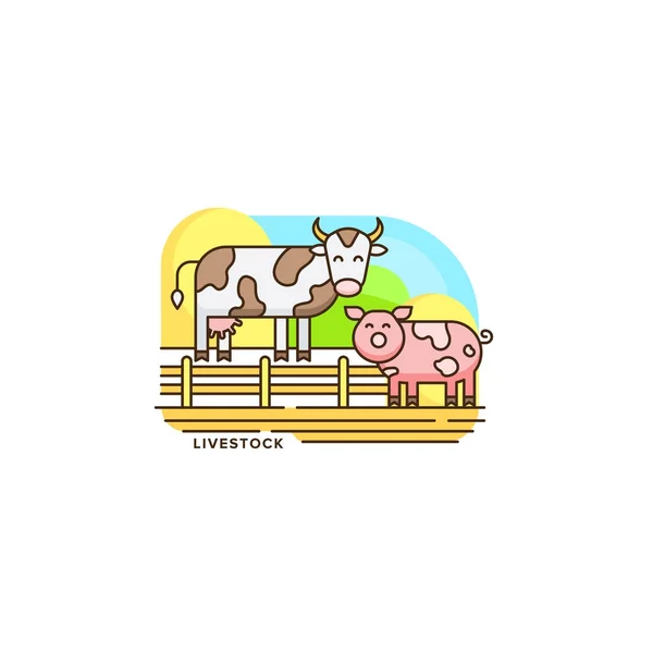 Ikone der Nutztierhaltung. Farming Illustration von Kuh und Schwein Vektor flachen Design isoliert auf weißem Hintergrund. Logo-Vorlage für den Bauernhof, Element für die Landwirtschaft, lineares Symbolobjekt. — Stockvektor