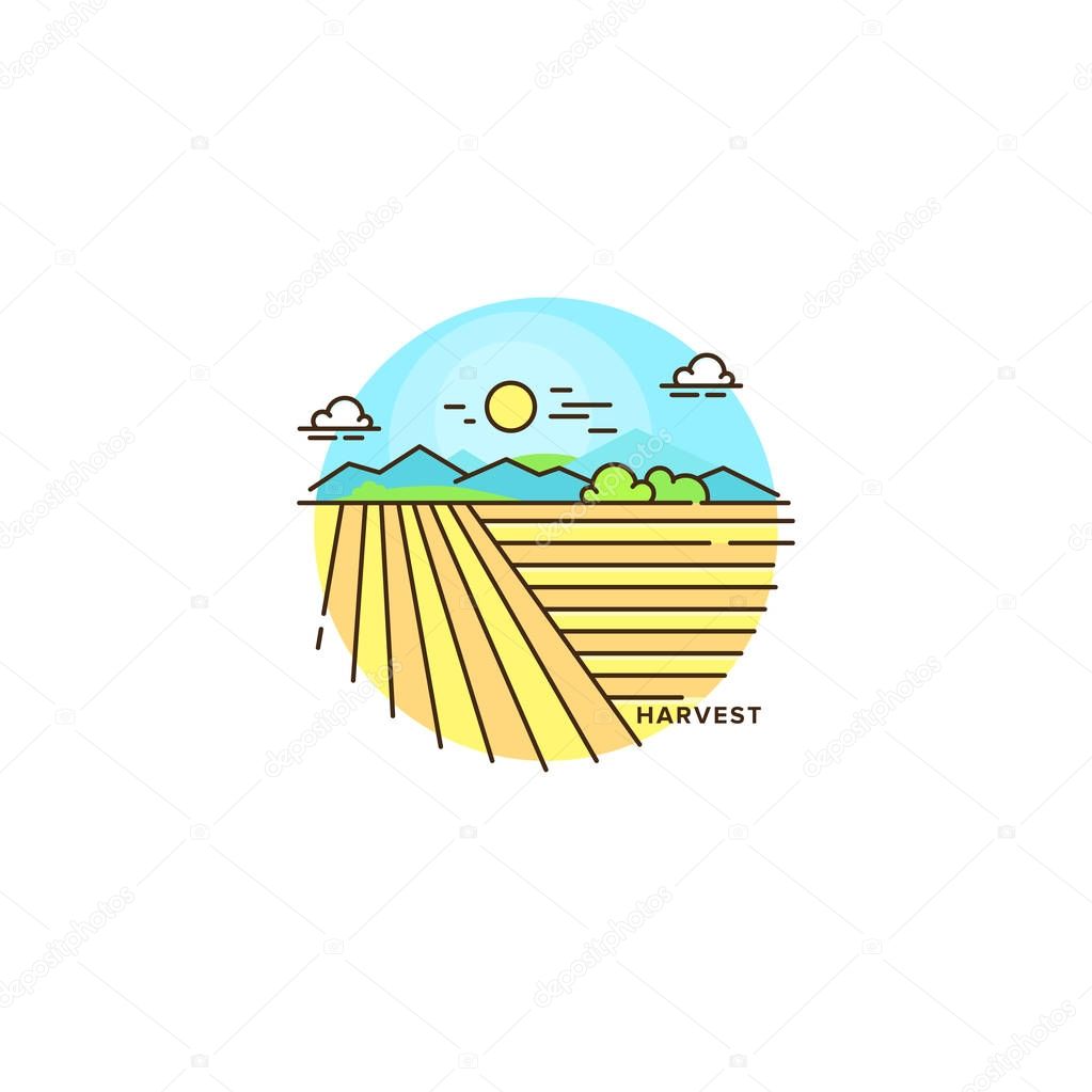 Farming landscape, field line icon. Farm flat illustration of wheat field vector linear design isolated on white background. Farm logo template, element for agriculture business, line icon object.